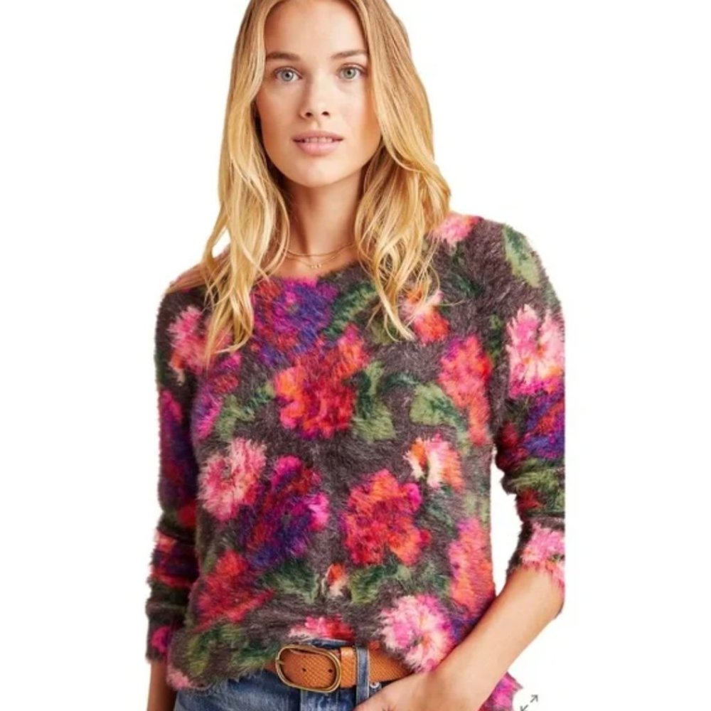 Anthropologie Meadow Rue Ariel Fuzzy Floral Pullover Sweater